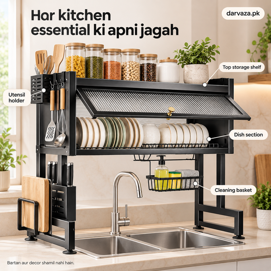 Large Capacity Kitchen Storage and Dish Draining Rack with Cover