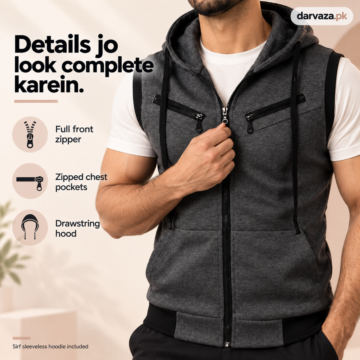 Sleeveless Zipper Hoodie in Charcoal in Just Rs 999