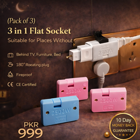 (Pack of 3) 3 in 1 Flat Socket Suitable for Places Without Space (Behind TV, Furniture, Bed) 180 Degree Rotating Plug Fireproof Material 2500W CE Certified 3 Pcs