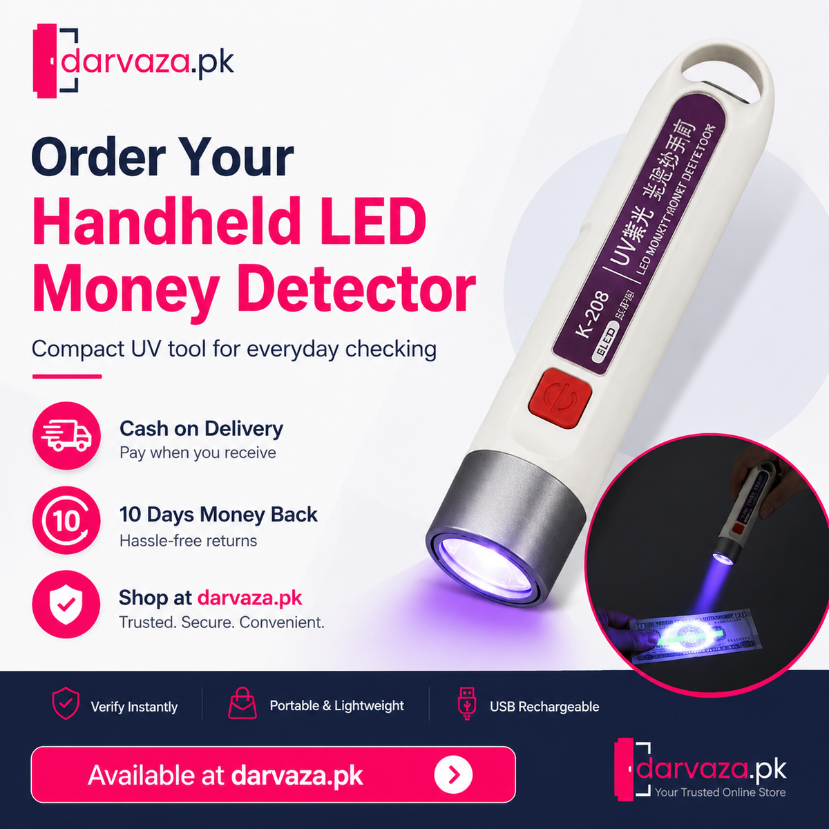 Rechargeable UV Money Detector Light – Fake Note Checker