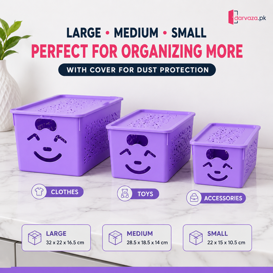 Set of 3 Smiley Face Storage Basket With Cover