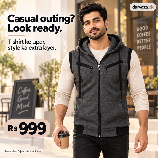 Sleeveless Zipper Hoodie in Charcoal in Just Rs 999