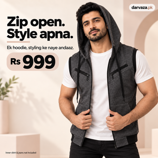 Sleeveless Zipper Hoodie in Charcoal in Just Rs 999